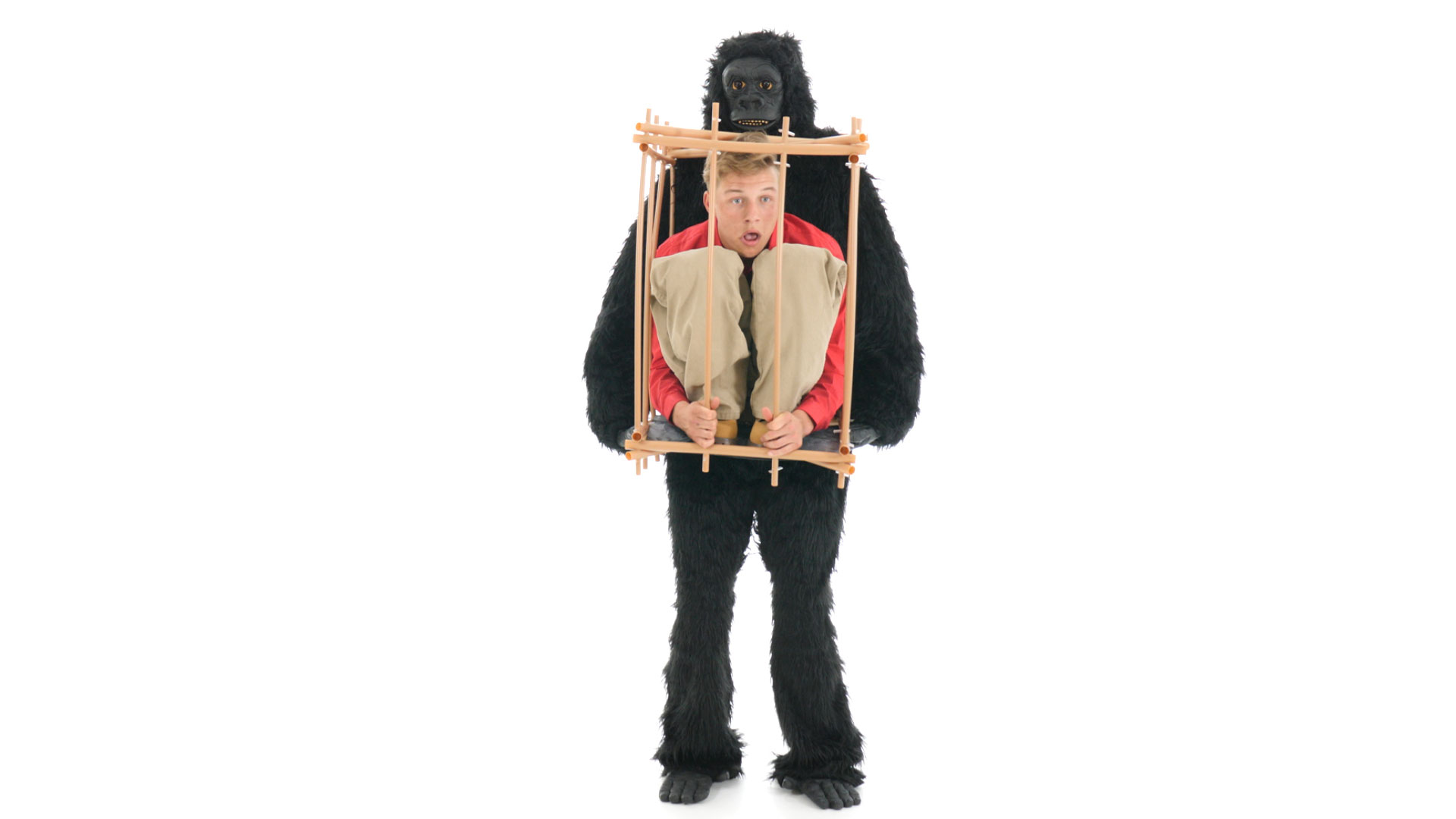 Win the costume party with this Man in a Gorilla Cage Costume! This unique illusion costume makes a funny Halloween costume idea for adults.